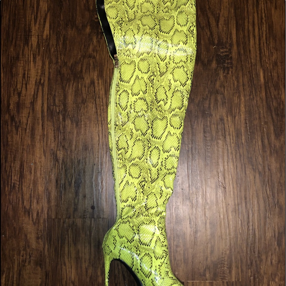 Snake print thigh high boots lime green